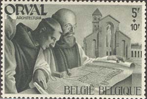 Monks studying Plans of Orval Abbey